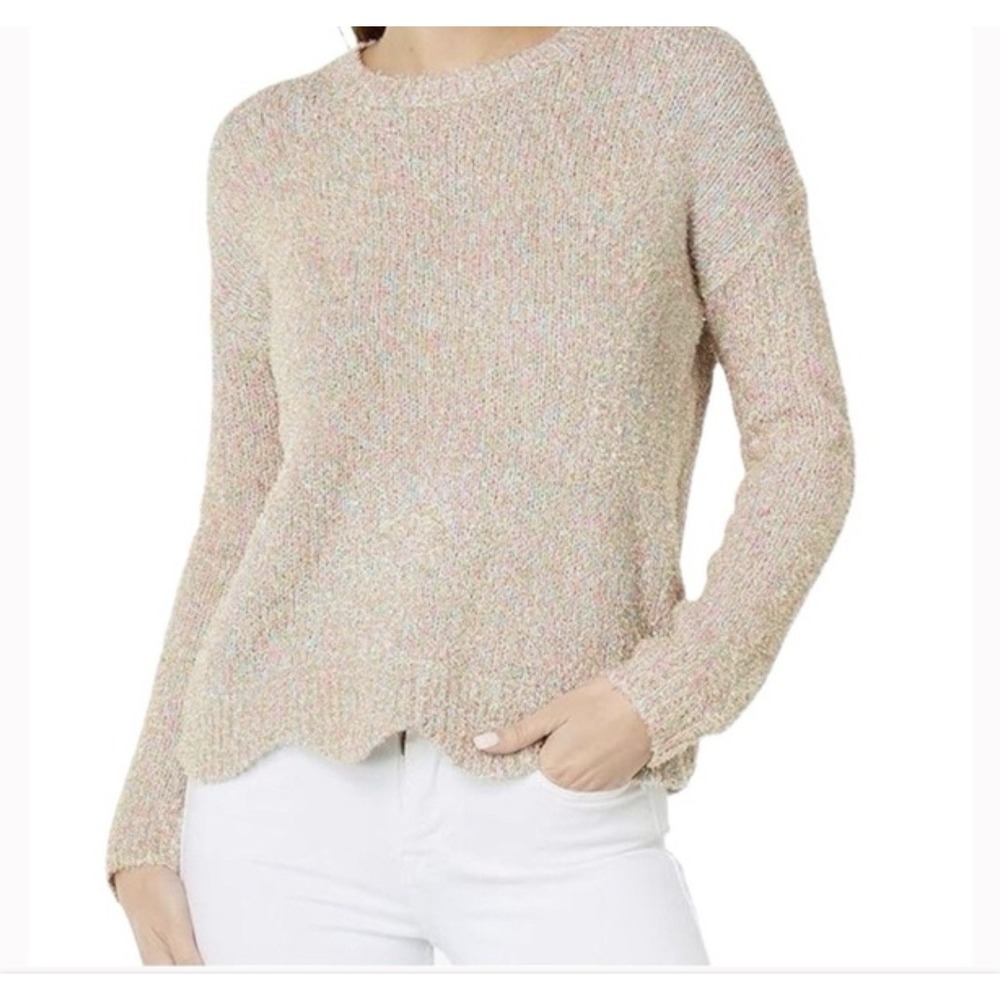 Lilly Pulitzer Gliana Sweater Womens Large Pink Multi Metallic Knit Scallop Hem